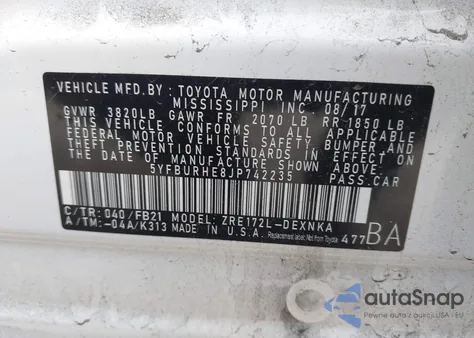 2018 Toyota Corolla Le из США, поврежденный, VIN 5YFBURHE8JP742235